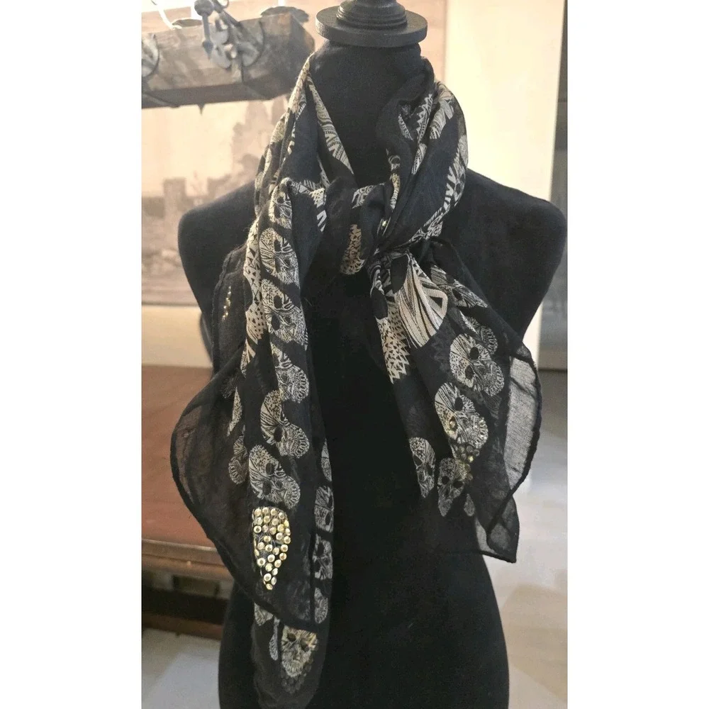 Women Scarf Skull Shawl Soft Long Elegant Classical Sheer Black Beaded Halloween